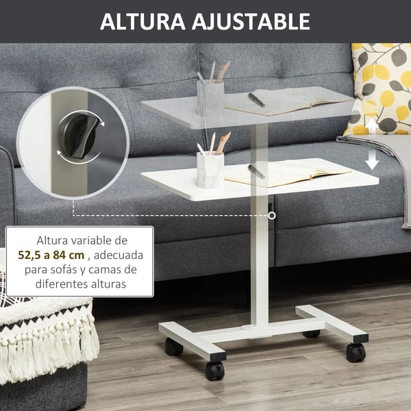 Sidobord på hjul - Soffbord/Sängbord - Höjdjusterbart - Bordsskiva 60×40 cm - Höjd 52,5–84 cm - För soffa och säng