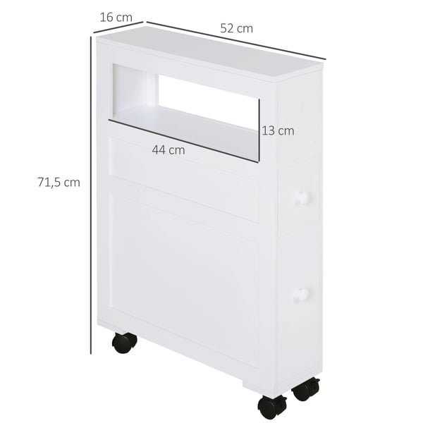 Badrumsskåp - Skåp på hjul - 2 lådor och hylla - Smalt 16×52×71,5 cm - Montering krävs - Vit