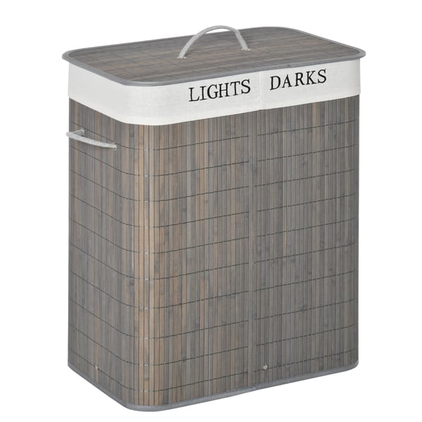 Bambu smutstvättkorg - Tvättsorterare - 100 l - 2 Fack - Med lock - 52×32×63 cm