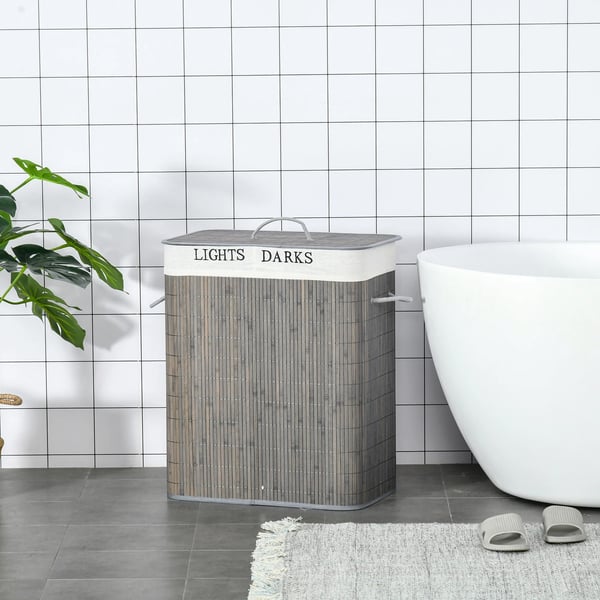 Bambu smutstvättkorg - Tvättsorterare - 100 l - 2 Fack - Med lock - 52×32×63 cm