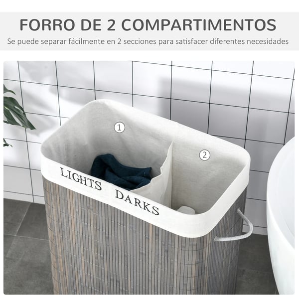 Bambu smutstvättkorg - Tvättsorterare - 100 l - 2 Fack - Med lock - 52×32×63 cm
