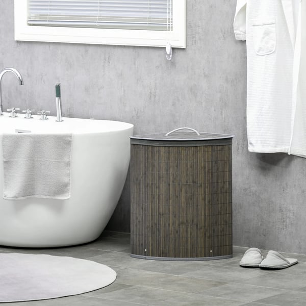 Tvättkorg - Bambu - 55 L - Med Lock - Med Innerpåse - 38x38x57 cm - Grå