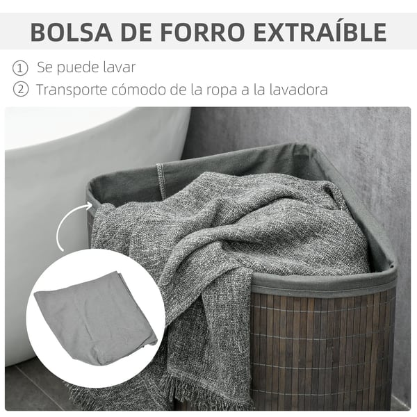 Tvättkorg - Bambu - 55 L - Med Lock - Med Innerpåse - 38x38x57 cm - Grå