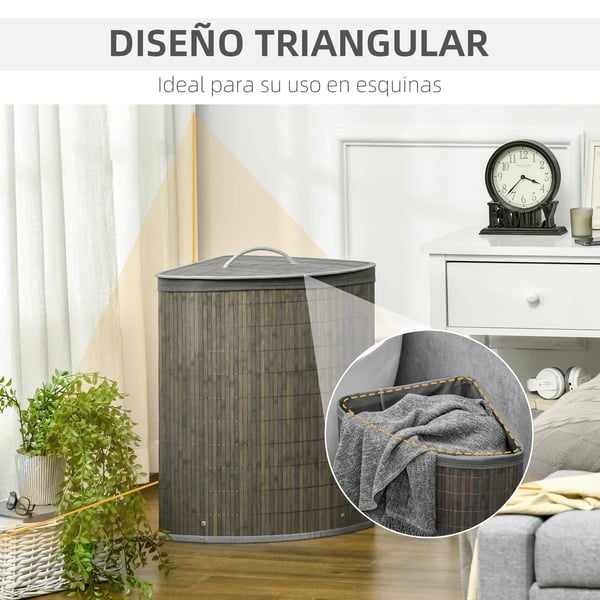 Tvättkorg - Bambu - 55 L - Med Lock - Med Innerpåse - 38x38x57 cm - Grå