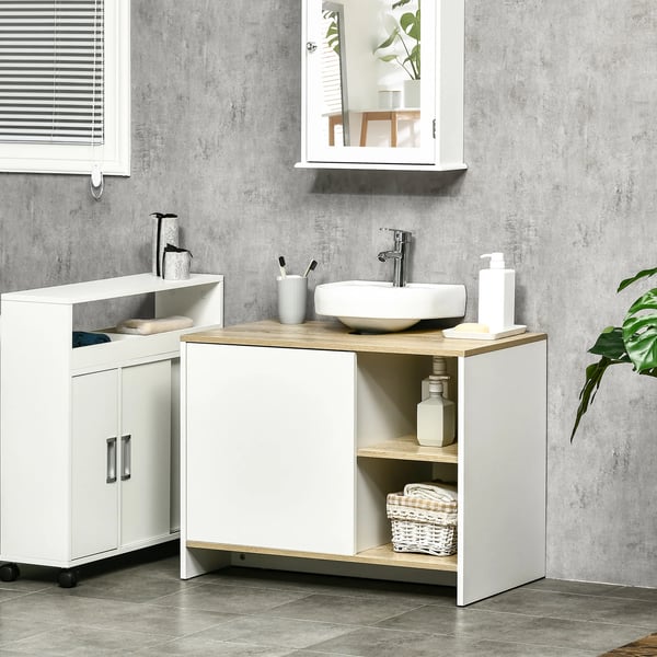 Badrumsskåp - Underskåp för tvättställ - Med fack och dörr - 77×45×60 cm - Montering krävs - Naturvit