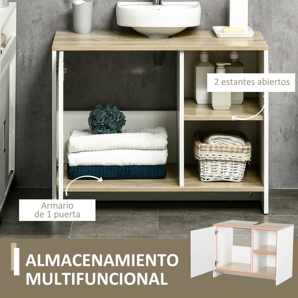 Badrumsskåp - Underskåp för tvättställ - Med fack och dörr - 77×45×60 cm - Montering krävs - Naturvit