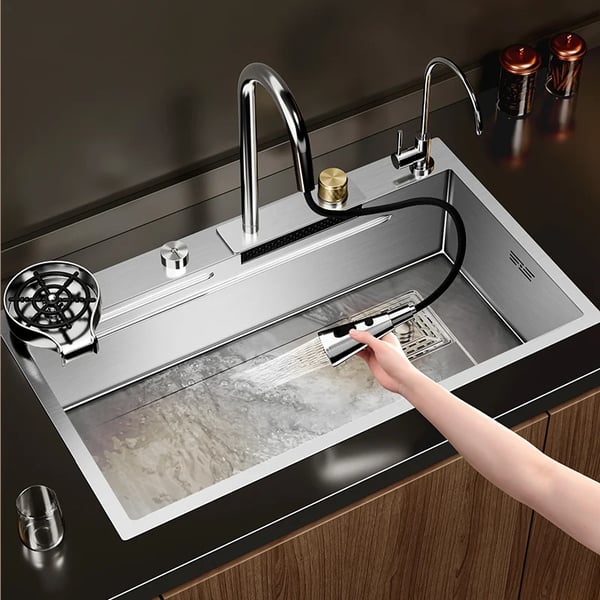 Køkkenvask - Waterfall E9 80×45 cm - Rustfrit Stål - Med Armatur - Enkel Kumme - Topmonteret - 2 Huller - Børstet - Gul