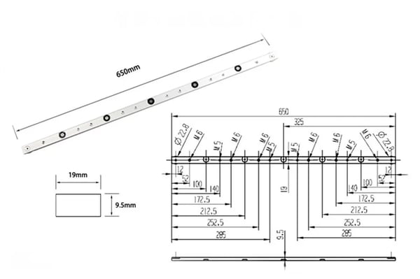Jiirikisko - Miter Bar pöytäsahaan - 650 mm (65 cm) - T-ura/T-track yhteensopiva - Alumiiniseos - Kulta