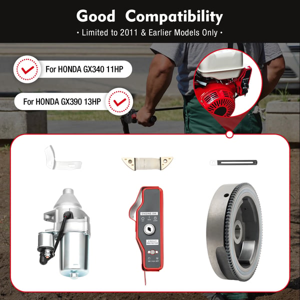 Elstart-sæt, svinghjul + startmotor + nøglekontakt + spole, til Honda GX160/200/340/390 (5,5–13 hk), sort