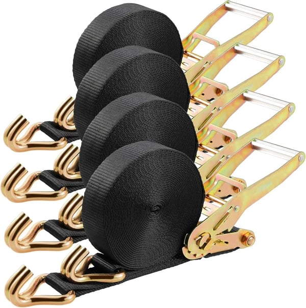 Surringsbånd - Skralde, Dobbelt J-krog - Mål 9 m x 50 mm - Brudstyrke 4.990 kg - Rustfrit Stål - Sæt 4-pak - Sort