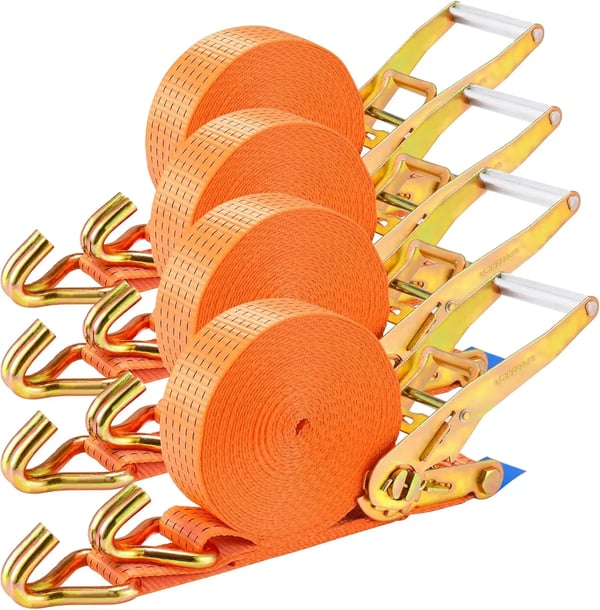 Surringsbånd med skralde - 9 m x 50 mm - Dobbelt J-krog - Brudstyrke 4.990 kg - Rustfrit stål - 4-pak - Orange