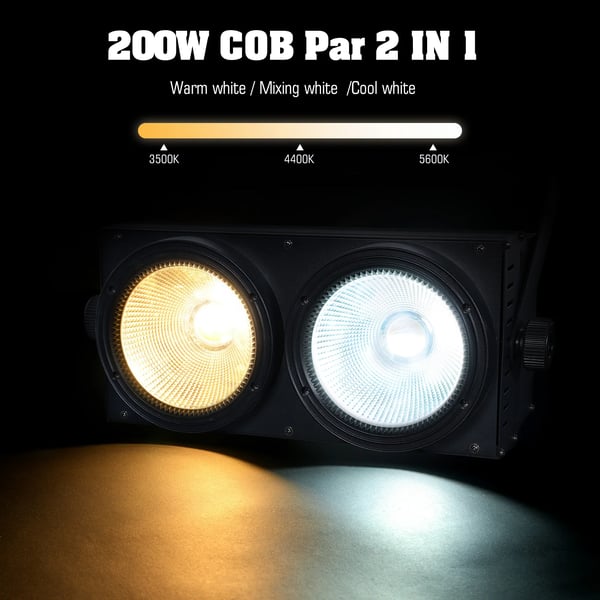 LED COB PAR-lys - 200W 2‑LED Scenelys - Bi-Color Kold/Varm Hvid - DMX512 8 Kanaler - Lydaktiveret Master/Slave Auto - DJ/Scene - Lysegrå