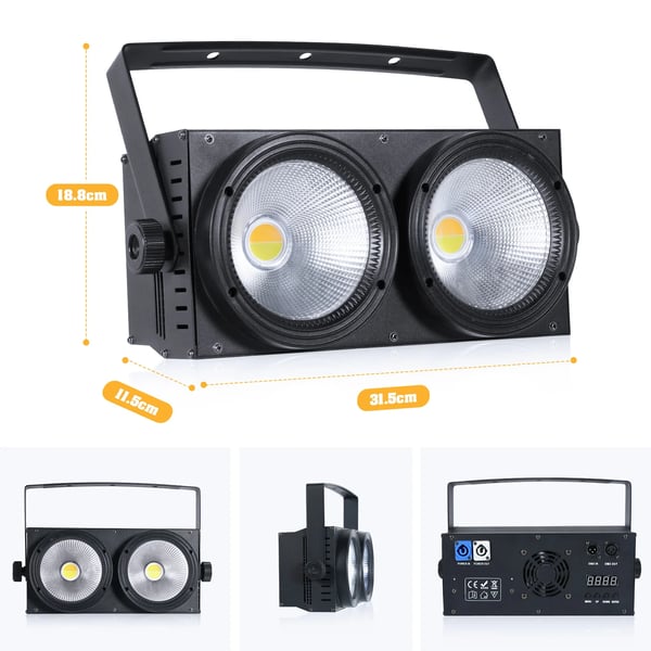 LED COB PAR-lys - 200W 2‑LED Scenelys - Bi-Color Kold/Varm Hvid - DMX512 8 Kanaler - Lydaktiveret Master/Slave Auto - DJ/Scene - Lysegrå