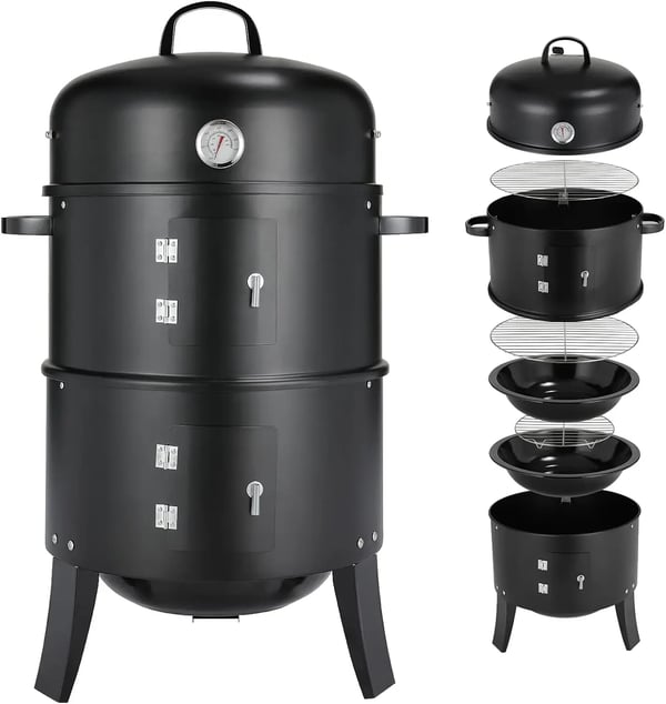 Smoker Rökgrill 3‑i‑1 - Kolgrill Vattensmoker - Med handtag - 2 rostfria galler - Inbyggd termometer och lock - Pulverlackerat stål