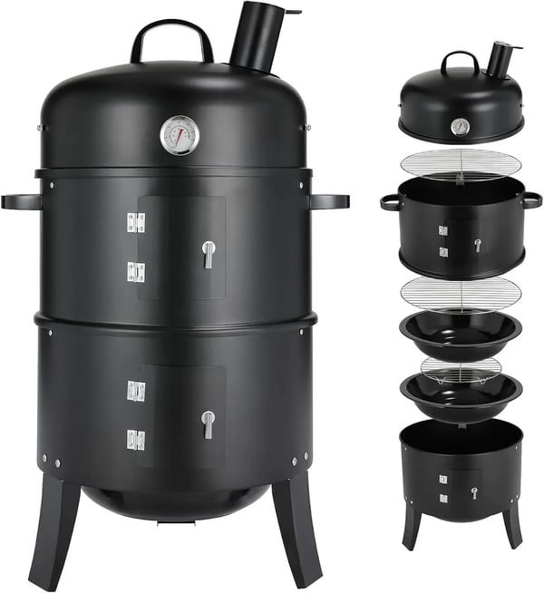 Rökugn & kolgrill - 3‑i‑1 vattensmoker - Med skorsten - 2 rostfria galler - Termometer i locket - Pulverlackerat stål - Grå