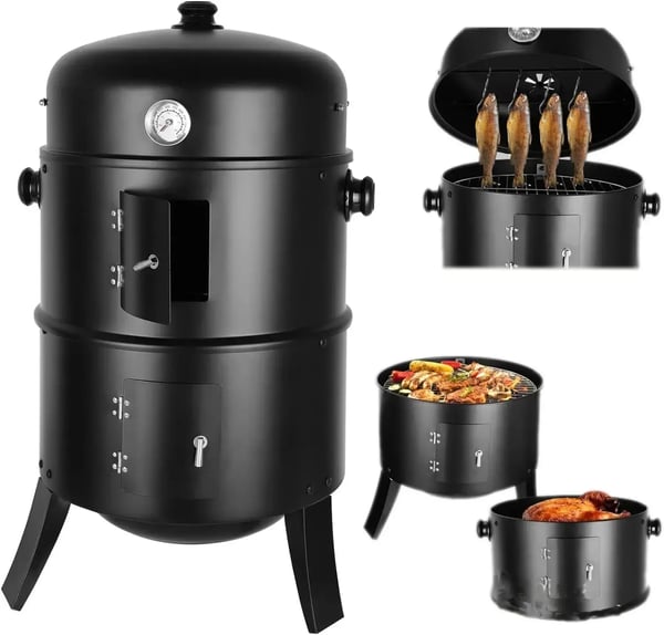 Rökgrill BBQ - 3‑i‑1 kolrökare tunna - Vattenrökare - Termometer i locket - 2 rostfria galler - 78 x 44,5 x 44,5 cm - Röd