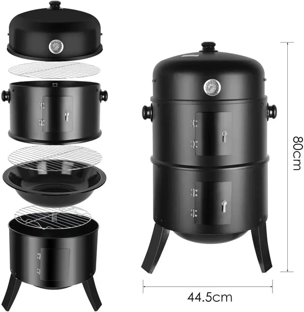 BBQ Røggrill - 3‑i‑1 kulrøger tønde - Vandrøger - Termometer i låget - 2 rustfri riste - 78x44,5x44,5 cm - Rød