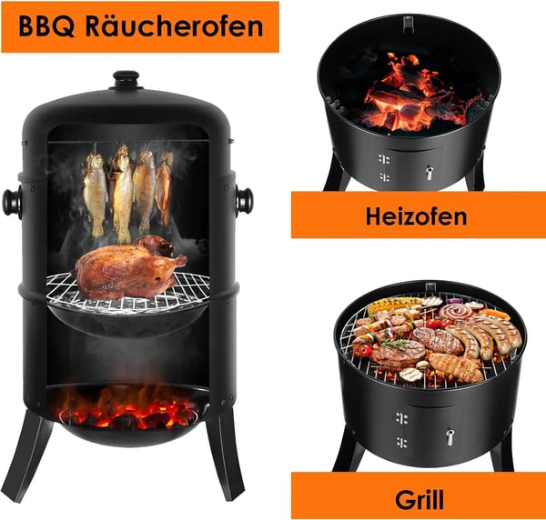 BBQ Røggrill - 3‑i‑1 kulrøger tønde - Vandrøger - Termometer i låget - 2 rustfri riste - 78x44,5x44,5 cm - Rød