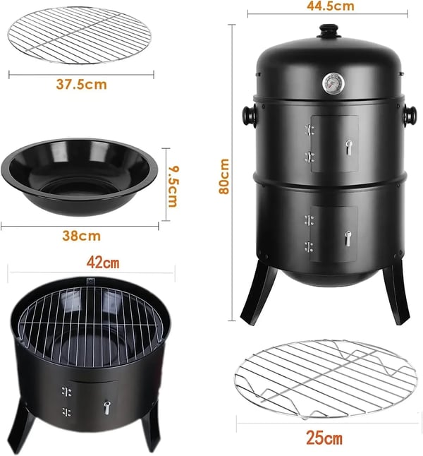 BBQ Røggrill - 3‑i‑1 kulrøger tønde - Vandrøger - Termometer i låget - 2 rustfri riste - 78x44,5x44,5 cm - Rød