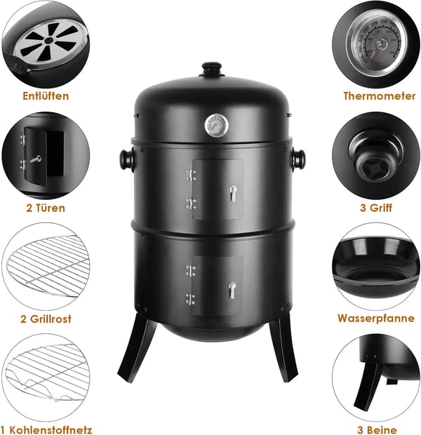 BBQ Røggrill - 3‑i‑1 kulrøger tønde - Vandrøger - Termometer i låget - 2 rustfri riste - 78x44,5x44,5 cm - Rød
