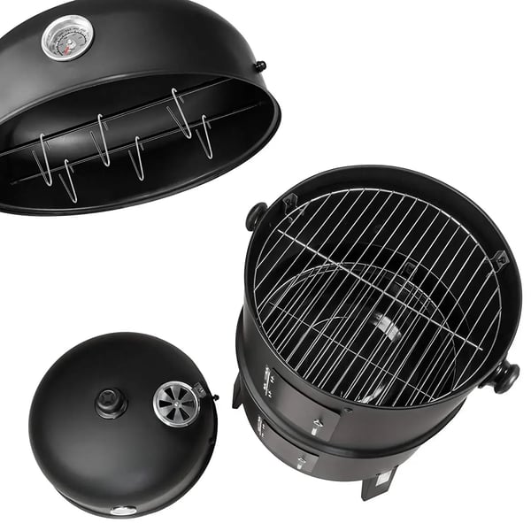 BBQ Røggrill - 3‑i‑1 kulrøger tønde - Vandrøger - Termometer i låget - 2 rustfri riste - 78x44,5x44,5 cm - Rød