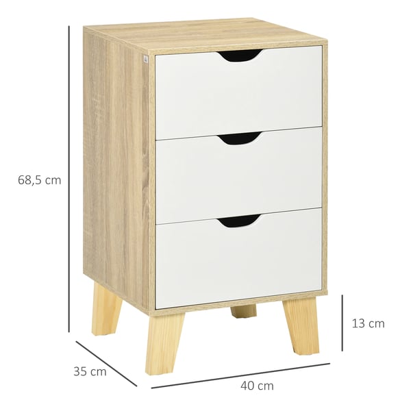Nattduksbord - Sängbord - 3 lådor - Höjd sockel med ben - Melamin & furu - 40x35x68,5 cm - Vit och ek