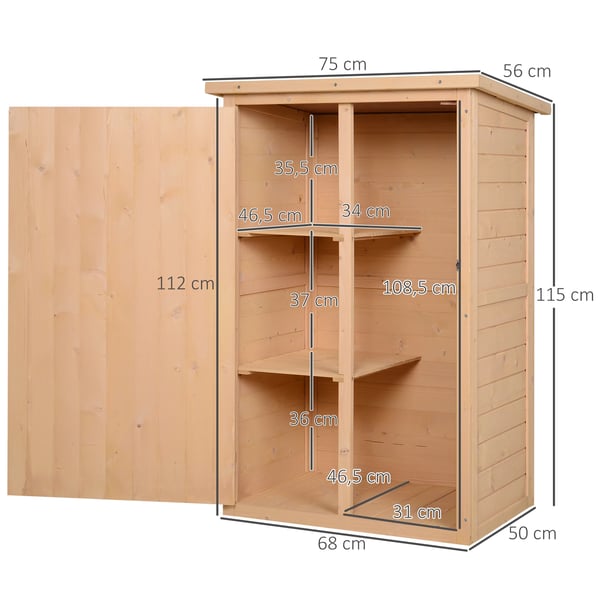 Trädgårdsskåp i trä - Förråd & Förvaring - 3 Hyllor - Vattentätt - Dörrregel - 75x56x115 cm - Kamelfärgad