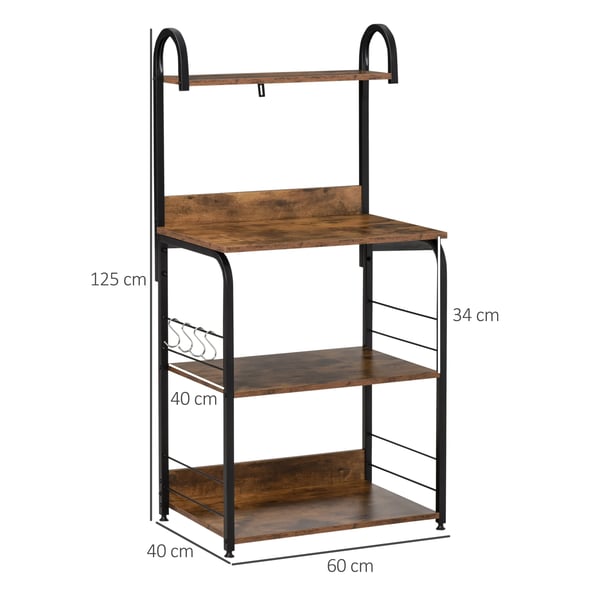 Kökshylla - Förvaringshylla - 4 hyllplan - Med krokar - 60×40×125 cm - Rustik brun