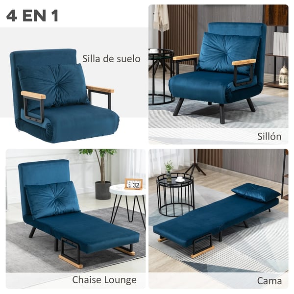 Hopfällbar bäddsoffa - 4-i-1 fåtöljsäng - Justerbart ryggstöd - Sammet - 63×73×81 cm - Blå