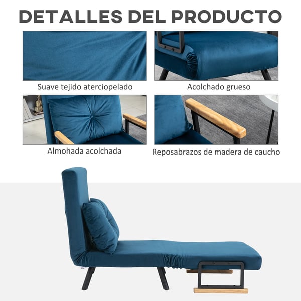 Hopfällbar bäddsoffa - 4-i-1 fåtöljsäng - Justerbart ryggstöd - Sammet - 63×73×81 cm - Blå