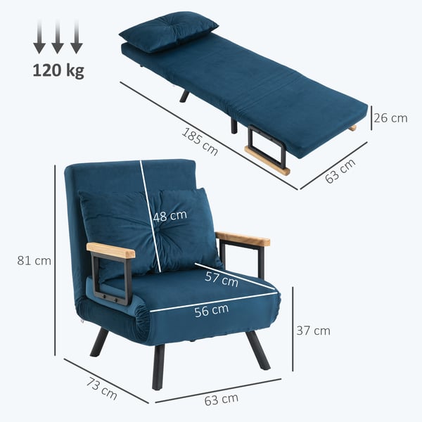 Hopfällbar bäddsoffa - 4-i-1 fåtöljsäng - Justerbart ryggstöd - Sammet - 63×73×81 cm - Blå