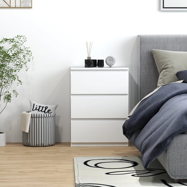 Byrå - Vardagsrumsmöbel - 3 Lådor - Tippskydd - 55x34x75 cm - Montering Krävs - Vit med Glittrande Yta