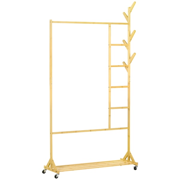 Bambu klädställning - Garderobstativ - På hjul - 6 krokar - Klädstång - Hylla - 100×37×191 cm