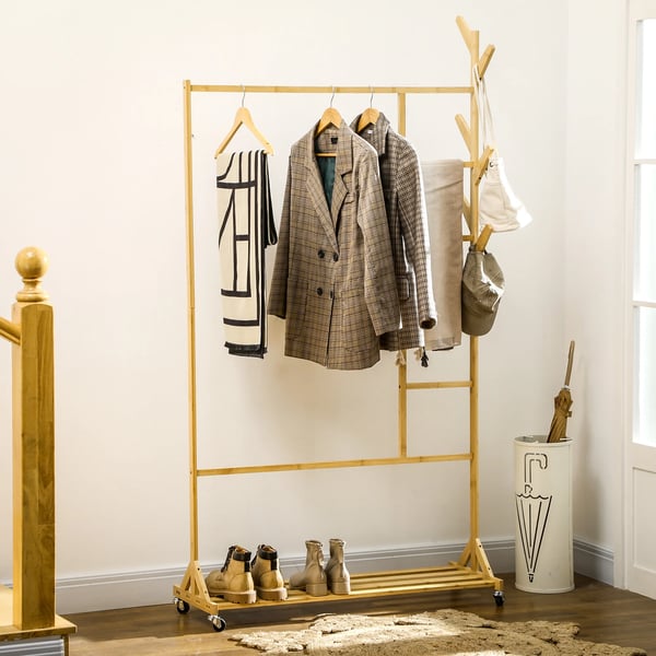 Bambu klädställning - Garderobstativ - På hjul - 6 krokar - Klädstång - Hylla - 100×37×191 cm