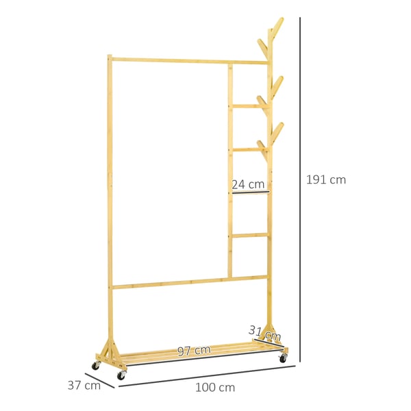 Bambu klädställning - Garderobstativ - På hjul - 6 krokar - Klädstång - Hylla - 100×37×191 cm