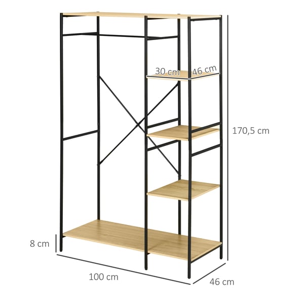 Klädställ - Garderobstativ - 4 Hyllplan - Klädstång - 100×46×170,5 cm - Fristående