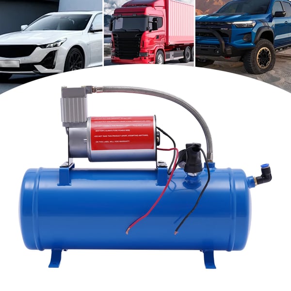 Kompressorsæt til lufthorn, 12V DC 23A 100 PSI, 6 L tank med slange & manometer, universal til bil/båd, blå