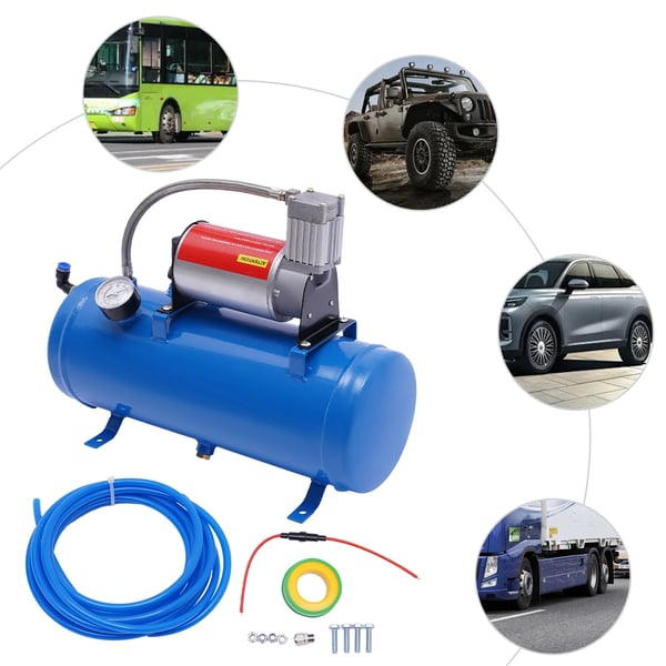 Kompressorsæt til lufthorn, 12V DC 23A 100 PSI, 6 L tank med slange & manometer, universal til bil/båd, blå