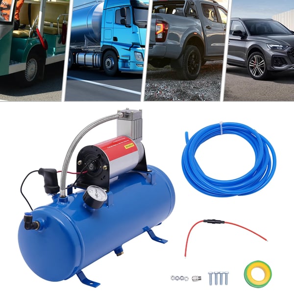 Kompressorsæt til lufthorn, 12V DC 23A 100 PSI, 6 L tank med slange & manometer, universal til bil/båd, blå