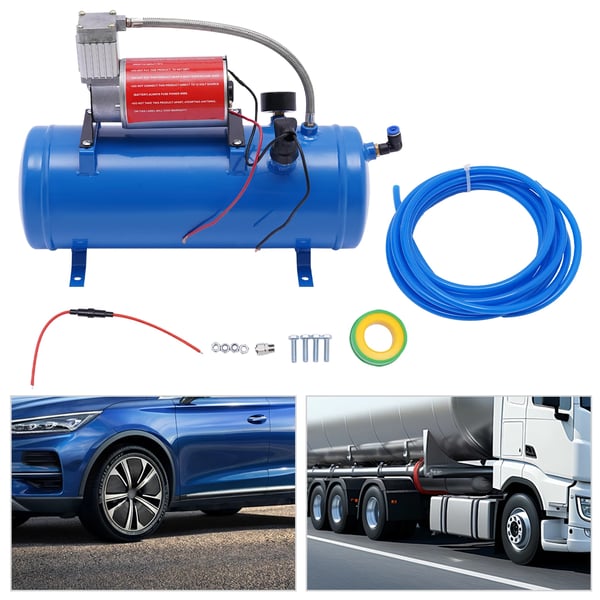 Kompressorsæt til lufthorn, 12V DC 23A 100 PSI, 6 L tank med slange & manometer, universal til bil/båd, blå