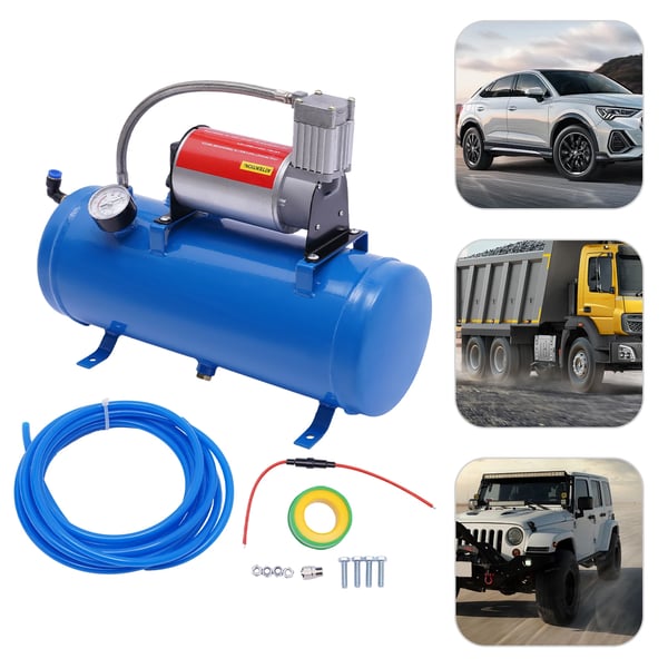 Kompressorsæt til lufthorn, 12V DC 23A 100 PSI, 6 L tank med slange & manometer, universal til bil/båd, blå