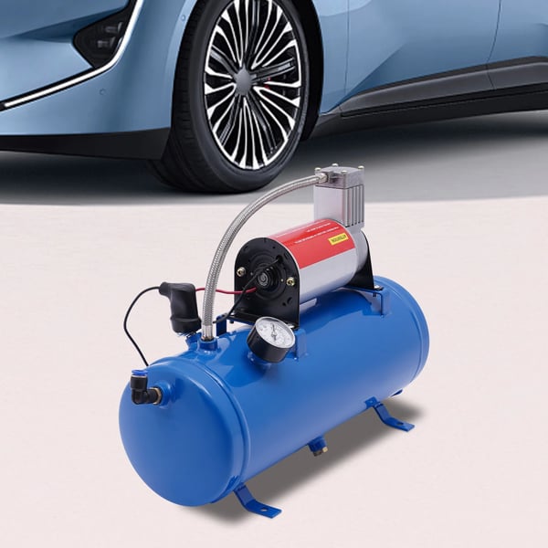 Kompressorsæt til lufthorn, 12V DC 23A 100 PSI, 6 L tank med slange & manometer, universal til bil/båd, blå