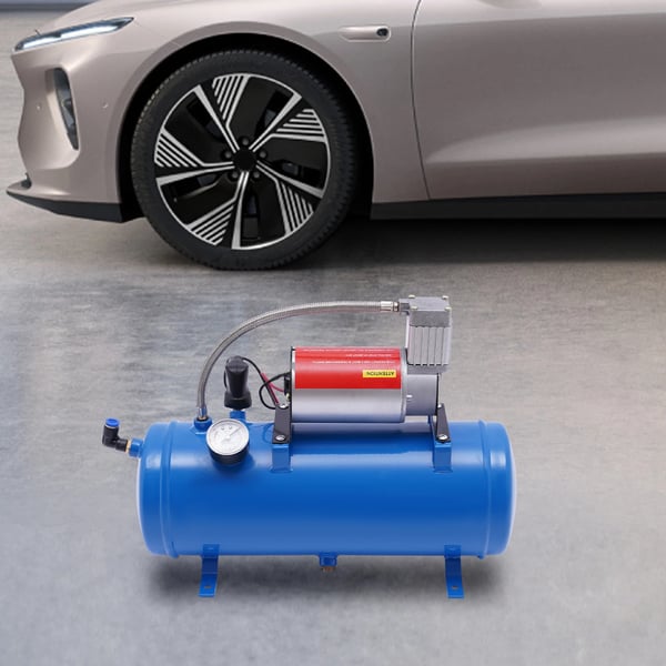 Kompressorsæt til lufthorn, 12V DC 23A 100 PSI, 6 L tank med slange & manometer, universal til bil/båd, blå