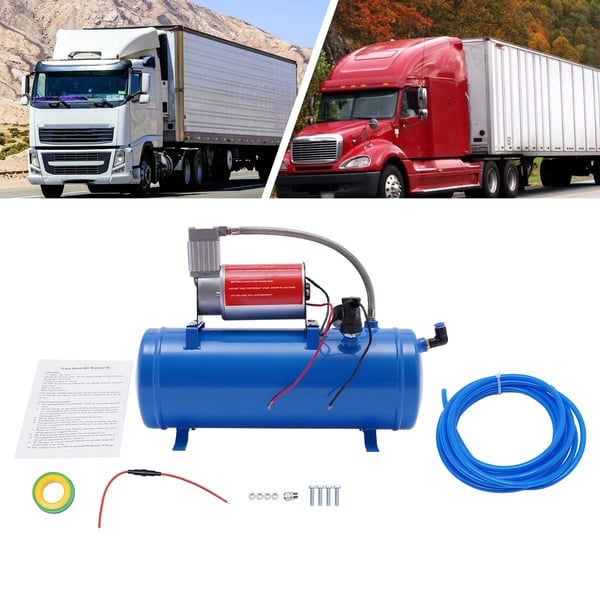 Kompressorsæt til lufthorn, 12V DC 23A 100 PSI, 6 L tank med slange & manometer, universal til bil/båd, blå