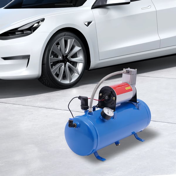 Kompressorsæt til lufthorn, 12V DC 23A 100 PSI, 6 L tank med slange & manometer, universal til bil/båd, blå