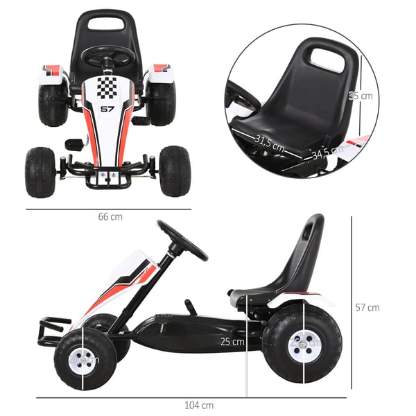 Pedal gokart för barn - Trampbil - 3+ år - Justerbart säte - Broms - Vit
