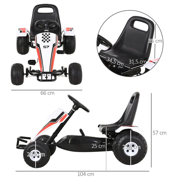 Pedal gokart för barn - Trampbil - 3+ år - Justerbart säte - Broms - Vit