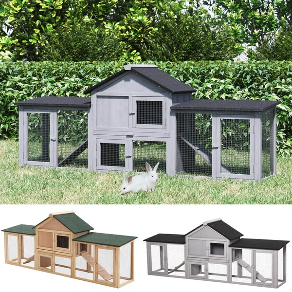 Kaninbur - Utomhus - För 2–4 Kaniner - Granträ - Asfaltstak - Utdragbar Bricka - 210x45,5x84,5 cm - Grå