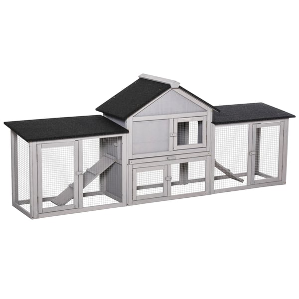 Kaninbur - Utomhus - För 2–4 Kaniner - Granträ - Asfaltstak - Utdragbar Bricka - 210x45,5x84,5 cm - Grå