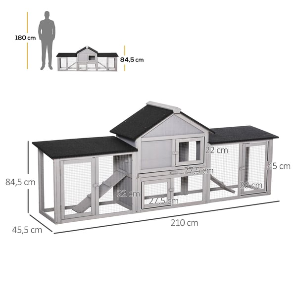Kaninbur - Utomhus - För 2–4 Kaniner - Granträ - Asfaltstak - Utdragbar Bricka - 210x45,5x84,5 cm - Grå